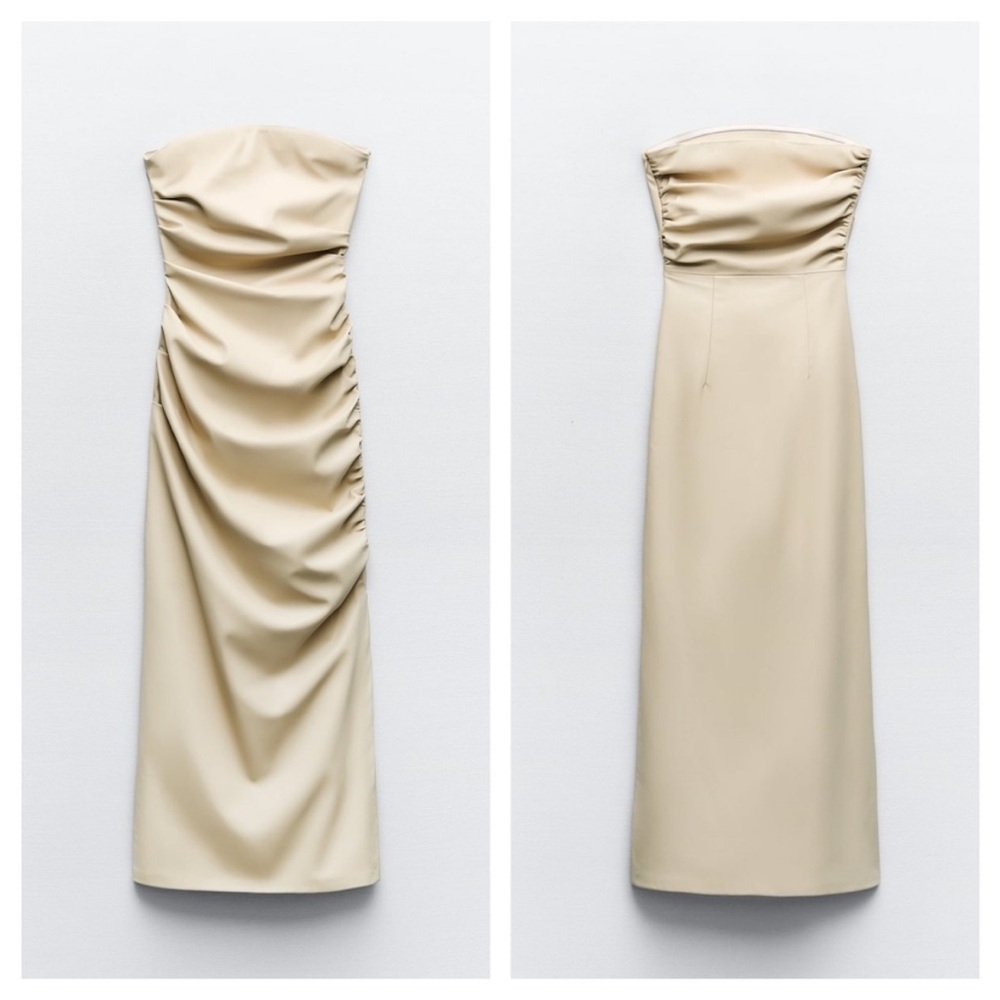 Zara Strapless Faux Leather Draped Midi Dress